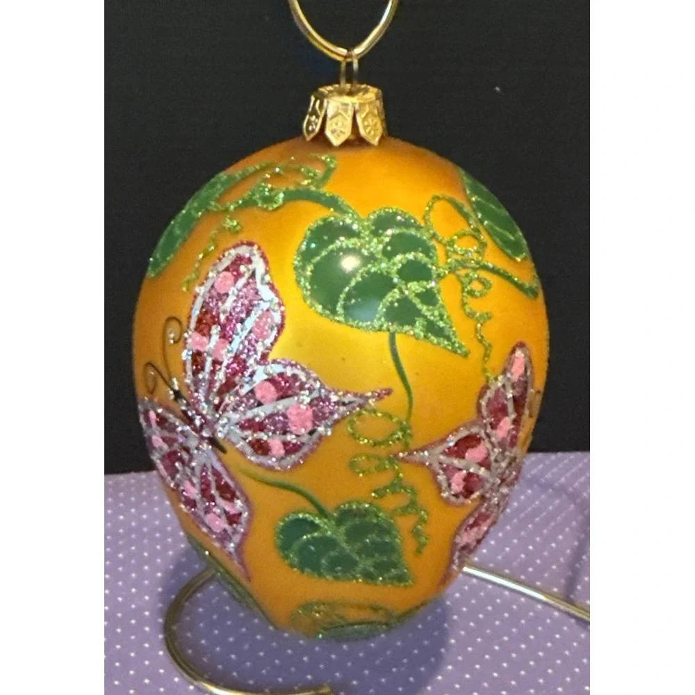 Butterfly Vines Christmas Glass Gold Colorful Oval Shape Ornament Holiday Poland